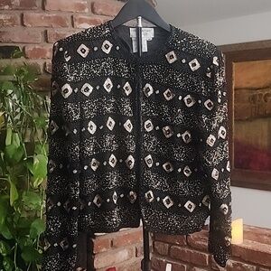 Adrianna Papell Vintage Boutique Silk Beaded Sequin Blazer Jacket Black Silver